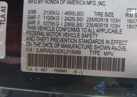 2019 Honda Cr-V Ex из США, поврежденный, VIN 5J6RW2H50KL015689